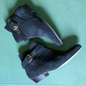 J Crew Black Suede Ankle Boots with gold buckle 9